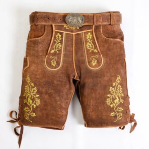 Traditional leather shorts with decorative embroidery and laces on the sides.